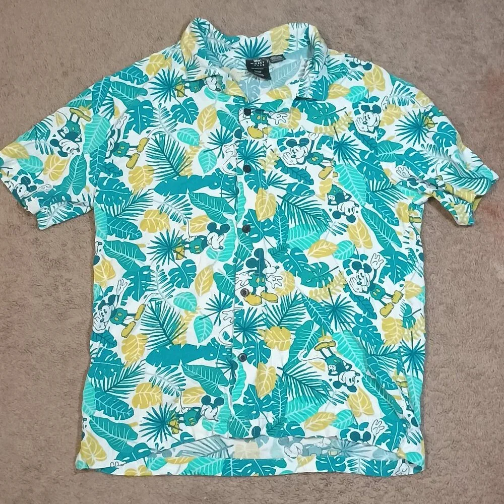 Disney/Mickey Mouse Hawaiian Shirt/Men M/Teal White Yellow/Tropical Vacation Alo - Picture 1 of 8